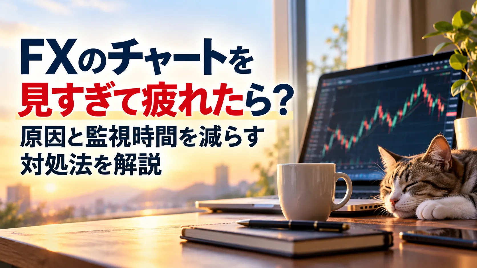 夕日の差し込むデスクで、FXチャートを表示したノートパソコンのそばに猫が眠る、監視疲れと休息を表現した画像。