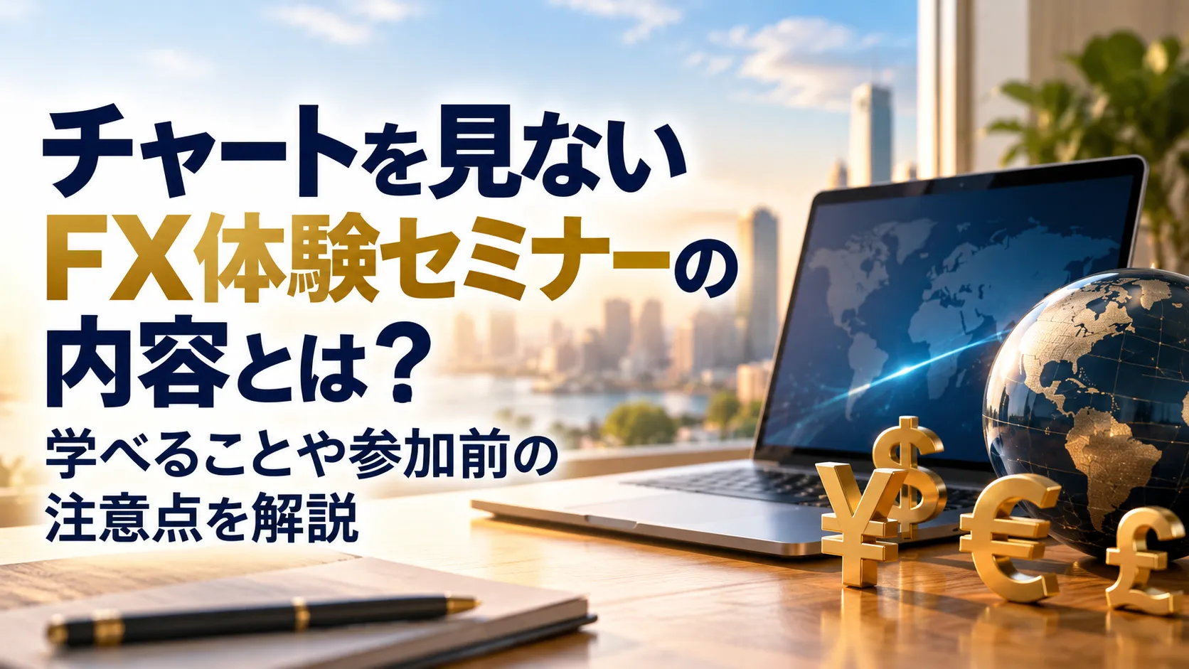 チャートを見ないFX体験セミナーの内容や学べること、参加前の注意点を紹介するアイキャッチ画像。