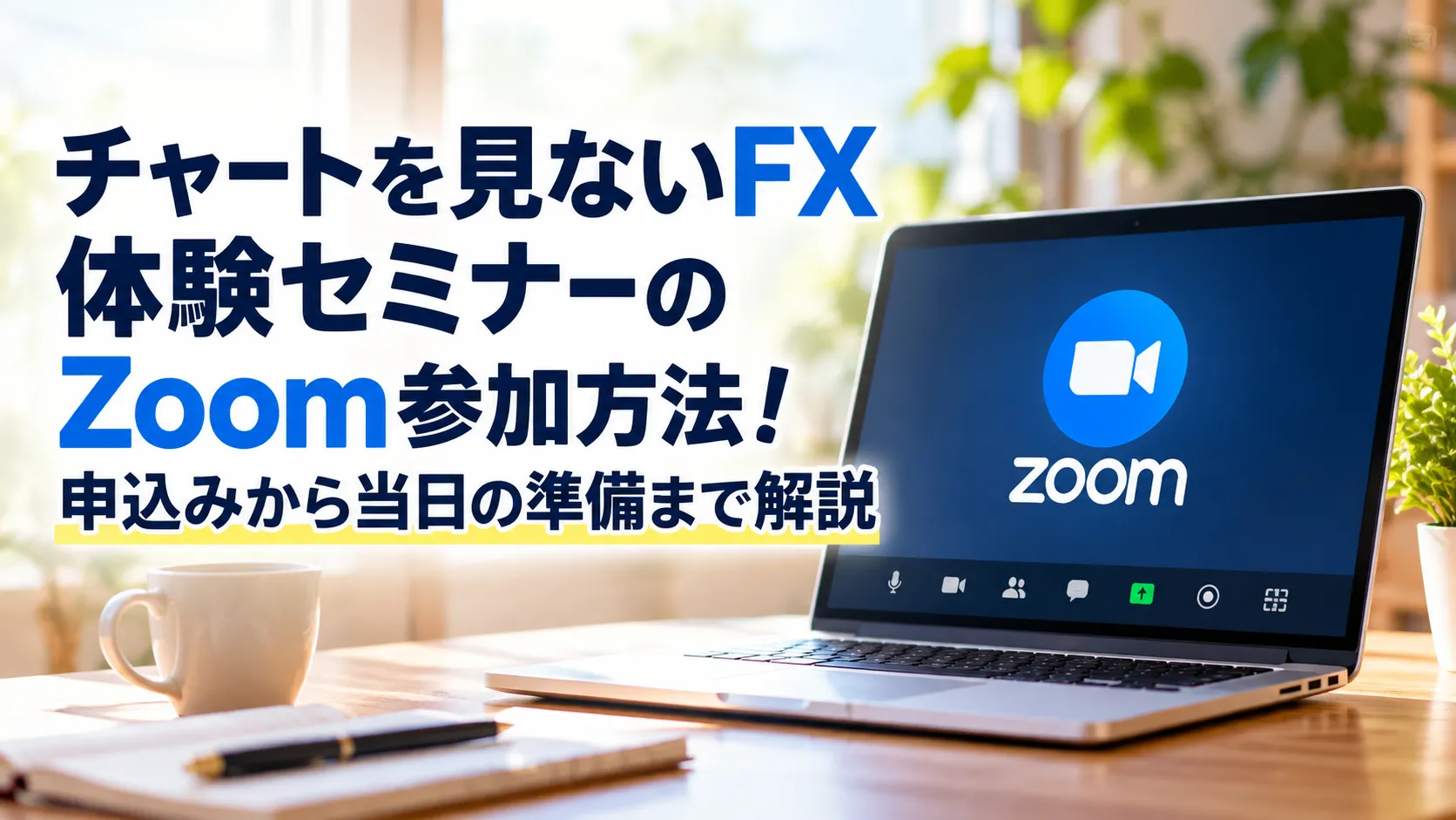 明るい室内のデスクにZoomを表示したノートパソコンを置き、FX体験セミナーの参加方法と事前準備を紹介するアイキャッチ画像。